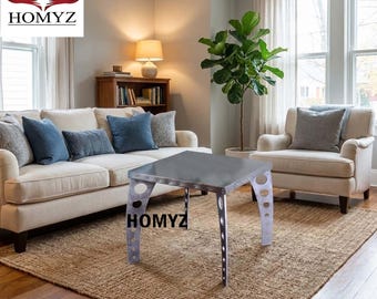 Mesa auxiliar remachada con acabado de aluminio Aviator / Muebles de aviación industrial, decoración moderna para cafeterías y hogares con detalles metálicos de aviones