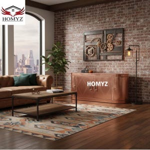 May include: A living room scene featuring a brown leather sofa, a wooden coffee table, and a copper-colored cabinet. A large window offers a city view. The wall is brick, and a metal gear art piece hangs above the cabinet. The rug has a patterned design.