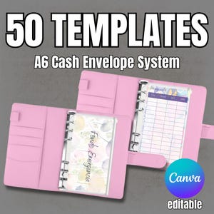 Puede incluir: Sistema de sobres de efectivo A6 rosa con 50 plantillas. La carpeta abierta muestra un sobre transparente con diseños florales y las palabras "Fondo Emergencia". La otra carpeta muestra una hoja de presupuesto. El logotipo de Canva es visible.