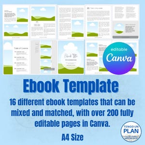 Puede incluir: Plantilla de libro electrónico con 16 diseños, más de 200 páginas editables y compatibilidad con Canva. El diseño presenta un fondo azul claro con acentos verdes y blancos. El texto incluye "Ebook Template" y "A4 Size."