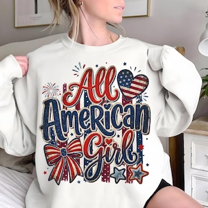 All American Girl PNG, Preppy 4th of July Patriotic USA Bow, Coquette Sublimation, Independence Day Download