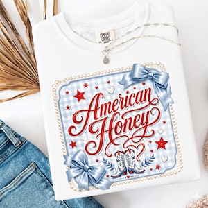 American Honey Flag Bows Coquette Png, Trendy USA 4th of July Png, USA Birthday Sublimation Design, Digital Download