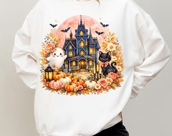 Halloween Haunted House PNG, Cute Ghost Black Cat Clipart, Pumpkin Floral Sublimation Design, Spooky Autumn Digital Download