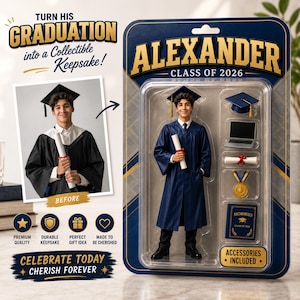 Personalisierte Abschluss-Actionfigur, individuelles Geschenk für den Abschlussjahrgang 2026, digitale Erinnerung an den Absolventen (Download)