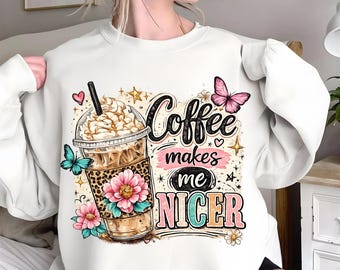 Coffee Makes Me Nicer PNG, Funny Coffee Lover PNG Design, Sassy Iced Coffee Retro Checker Graphic, Preppy Leopard Sublimation PNG