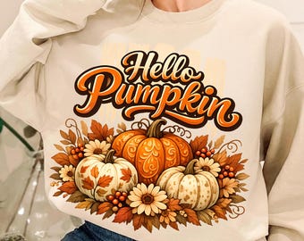 Striped Hello Pumpkin PNG, Fall Sublimation Design, Cute Autumn Pumpkin Shirt Graphic, Cozy Halloween Clipart