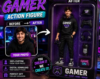 Custom Gamer Action Figure from Photo, Personalized Gaming Doll, Police Engineer Toy Box Portrait, Gamer Gift for Him