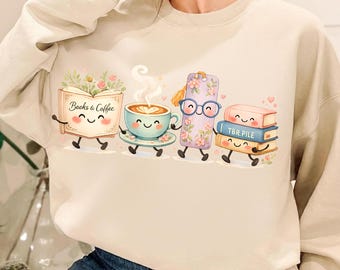 Cute Book Lover Coffee Clipart PNG, Books And Coffee Digital Download, Reading Aesthetic Sublimation Design For Bookworms And Readers
