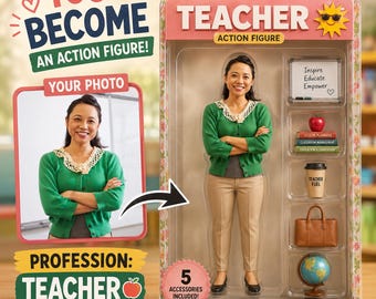 Personalized Teacher Action Figure, Graduate Toy Box, Custom Doll Packaging Mockup, Trendy Action Figure Gift, Digital Download