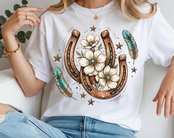 Vintage Horseshoe Flower Clipart PNG, Lucky Western Floral Sublimation Design, Turquoise Feather Boho Cowboy Tattoo Art