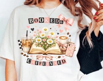 Booked & Caffeinated Girly Bookish Coffee Lover PNG, Preppy Reader Design, Book Club Gift, Cute Library Aesthetic, Sublimation Clipart