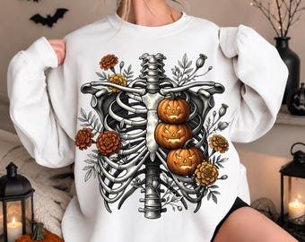 Floral Ribcage Pumpkin PNG, Retro Skeleton Halloween Sublimation, Spooky Season Fall Shirt, Digital Download