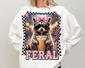 Feral Raccoon Iced Coffee PNG, Pink Bow Raccoon Design, Funny Coffee Lover Sublimation, Retro Checkered Digital Download, Cute Animal Shirt
