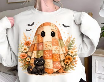 Patchwork Halloween Ghost Cat PNG, Cute Spooky Fall Sublimation Design, Vintage Autumn Shirt, Digital Download