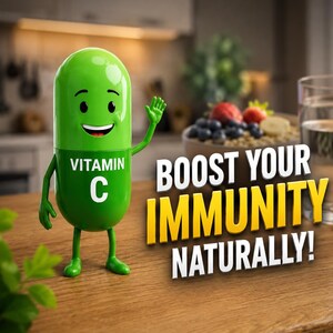 May include: A green, anthropomorphic vitamin C capsule character with a smiling face and waving arm. The capsule features the text 'VITAMIN C' on its body. Next to the character, the text 'BOOST YOUR IMMUNITY NATURALLY!' is displayed in bold.