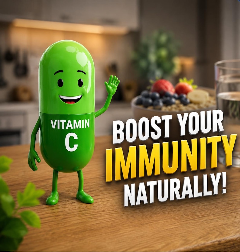 May include: A green, anthropomorphic vitamin C capsule character with a smiling face and waving arm. The capsule features the text 'VITAMIN C' on its body. Next to the character, the text 'BOOST YOUR IMMUNITY NATURALLY!' is displayed in bold.