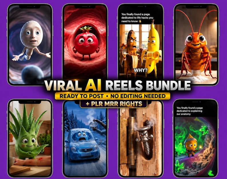 May include: A digital collection of eight smartphone screens displaying animated characters including a sperm cell, a pomegranate, bananas, a cockroach, an aloe vera plant, a frozen car, a screw, and a small explorer, with the text VIRAL AI REELS BUNDLE.