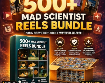 500+ Mad Scientist Reels Bundle - Copyright Free Viral AI Reels Content Creators Instant Download