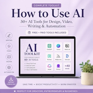 以下が含まれることがあります： ラップトップには、ChatGPTやCanvaなどのAIツールアイコンが表示された「AI Toolkit」ガイドが表示されています。画像は、「How to Use AI」というテキストとともに、デザイン、ビデオ、ライティング、自動化のためのAIの使用を促進しています。