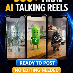 May include: Three smartphone screens displaying animated characters including a plant-like figure, a green Vitamin C capsule, and a black textured character holding a spoon. Text reads 500+ VIRAL AI TALKING REELS, READY TO POST, NO EDITING NEEDED, + PLR MRR RESELL RIGHTS.