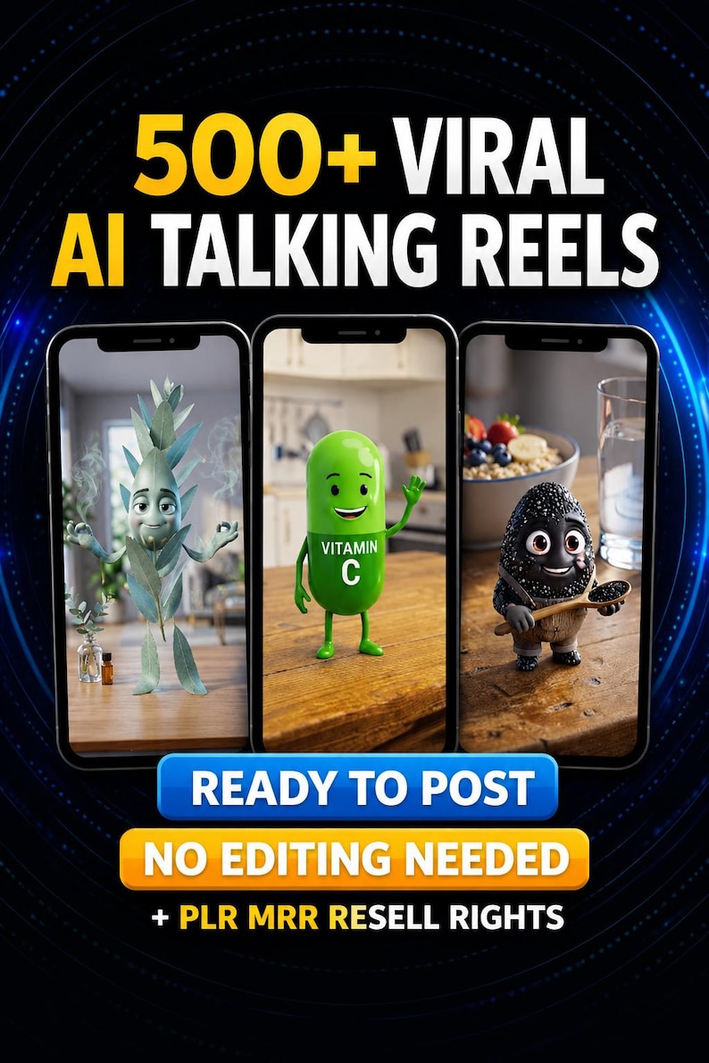 May include: Three smartphone screens displaying animated characters including a plant-like figure, a green Vitamin C capsule, and a black textured character holding a spoon. Text reads 500+ VIRAL AI TALKING REELS, READY TO POST, NO EDITING NEEDED, + PLR MRR RESELL RIGHTS.