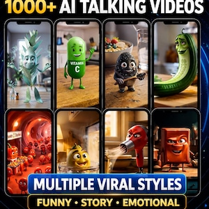 May include: A digital display featuring eight smartphone screens showing various animated characters including a green plant person, a Vitamin C capsule, a black textured creature, a green vegetable, red round characters, a yellow fruit, a red hair dryer, and a brown block character with the text 1000+ AI TALKING VIDEOS and MULTIPLE VIRAL STYLES FUNNY STORY EMOTIONAL.