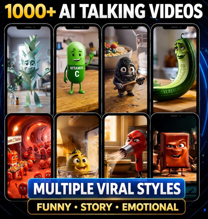 May include: A digital display featuring eight smartphone screens showing various animated characters including a green plant person, a Vitamin C capsule, a black textured creature, a green vegetable, red round characters, a yellow fruit, a red hair dryer, and a brown block character with the text 1000+ AI TALKING VIDEOS and MULTIPLE VIRAL STYLES FUNNY STORY EMOTIONAL.