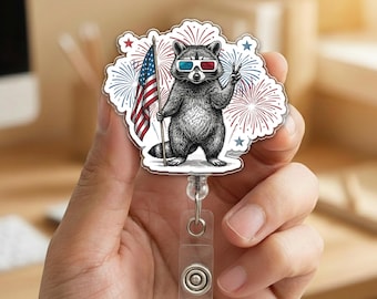Funny Raccoon USA 250 Badge Reel Patriotic Badge Holder, 4th of July Nurse Badge, Independence Day ID Clip, American Flag Gift NHPH07-3