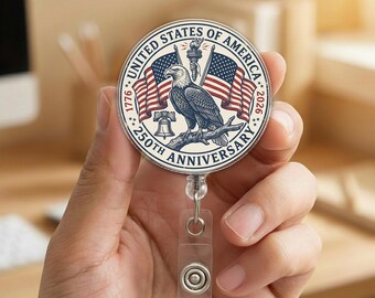 USA 250th Anniversary America Badge Reel, United States Retractable ID Holder, Patriotic Commemorative Badge 1776–2026 NHPH06-1