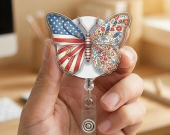 Butterfly USA 250th Anniversary Badge Reel, 1776-2026 Patriotic ID Holder, Nurse Gift, Retractable Badge Clip for Medical Staff NHPH06-2