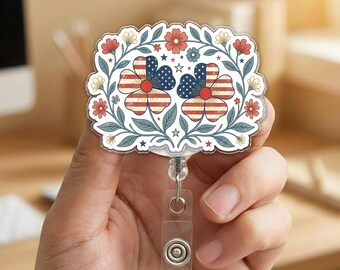 USA 250 Years of Freedom Badge Reel Vintage Floral Design, Patriotic Retractable ID Holder, Independence Day Gift for Nurse Teacher NHPH06-6