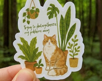 Cat and Houseplants Vinyl Sticker – Cozy Plant Lover Decor (Kiss-Cut)