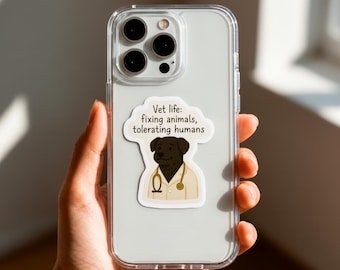 Funny Vet Tech Sticker – Black Dog with Stethoscope