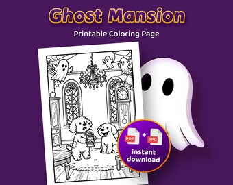 Ghost Mansion Dogs Coloring Page: Cozy Spooky Scene (PDF + JPG)