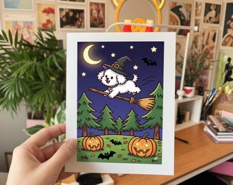 Flying Witch Puppy Halloween Coloring Page (PDF)