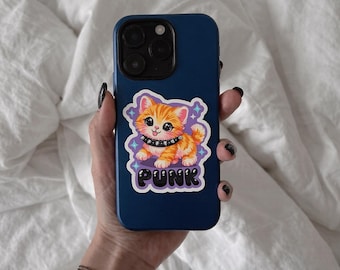 Punk Cat Sticker, Spiked Collar, Kawaii Kitten