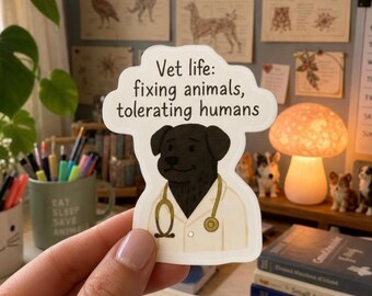 Funny Vet Tech Sticker – Black Dog with Stethoscope
