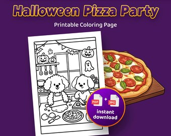 Halloween Dogs Pizza Party Coloring Page: Cozy Kitchen Scene (PDF + JPG)