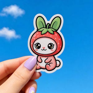 May include: A die-cut vinyl sticker featuring a cartoon character with a round, light pink body and a strawberry-shaped head. The character has large, sparkling black eyes, a small pink nose, and green leaves on top of the red strawberry cap.