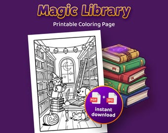 Magic Library Coloring Page: Halloween Pets, Pumpkin Lantern (PDF + JPG)