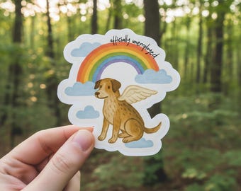 Officially Unemployed Angel Dog Kiss-Cut Sticker | Rainbow clouds