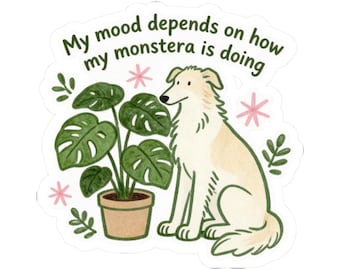 Monstera Lover Vinyl Sticker, Cute Greyhound - Cozy Plant Lover Gift