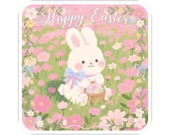Happy Easter Bunny Sticker – Spring Rabbit with Flowers, Pastel Kawaii Vinyl