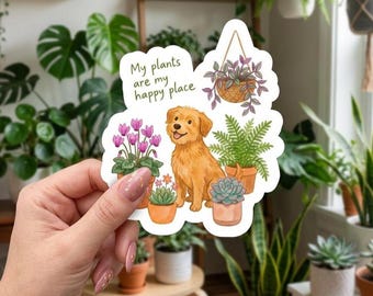 Dog and Houseplants Vinyl Sticker, Botanical Plant Lover Decal