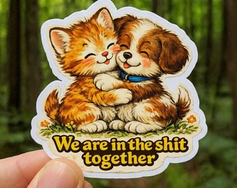 Kitten and Puppy Hug Sticker, Funny Friendship Vinyl Decal