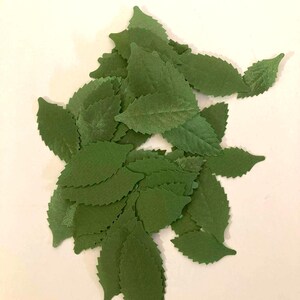 May include: A pile of small, green fabric leaves with jagged edges. The leaves are a solid, mid-green colour and are arranged on a white surface. These artificial leaves are suitable for craft projects and floral arrangements.