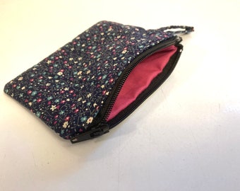 Dark Blue Navy Flowered Zippered Coin Purse