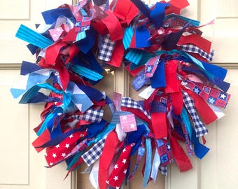 Summer Fourth of July Independence Day Rag Wreath Red White and Blue Stripes Bright