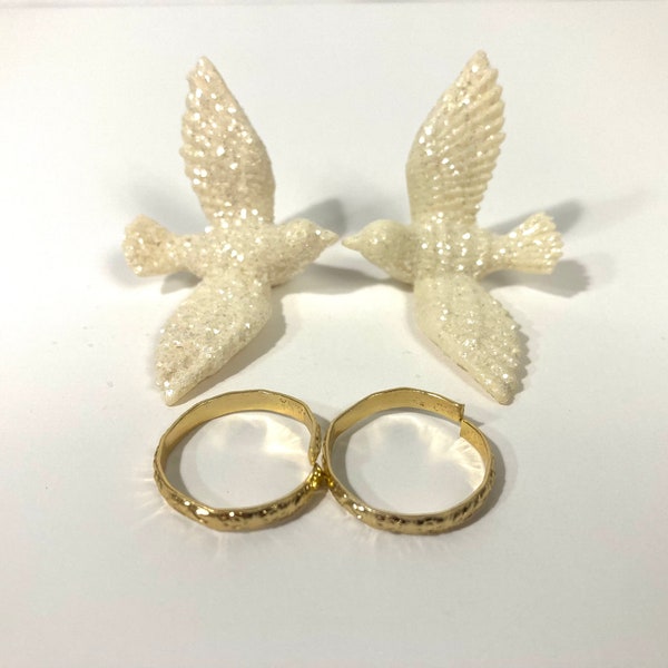 Vintage Love Birds Doves and Rings Glittered Wedding Cake Topper