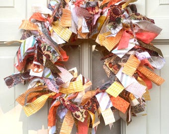 Fall Autumn Rag Wreath Red Orange Yellow Brown Thanksgiving Decorations